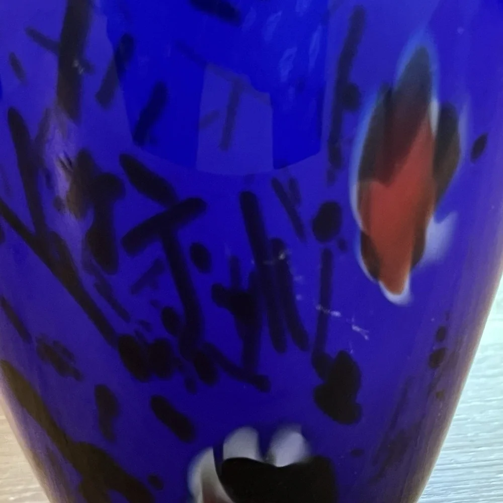 Cobalt Blue Art Glass Vase Floral Millefiori Murano Style White Rim 11